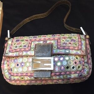 Fendi Embroidered & Mirrored Lizard Trim Baguette